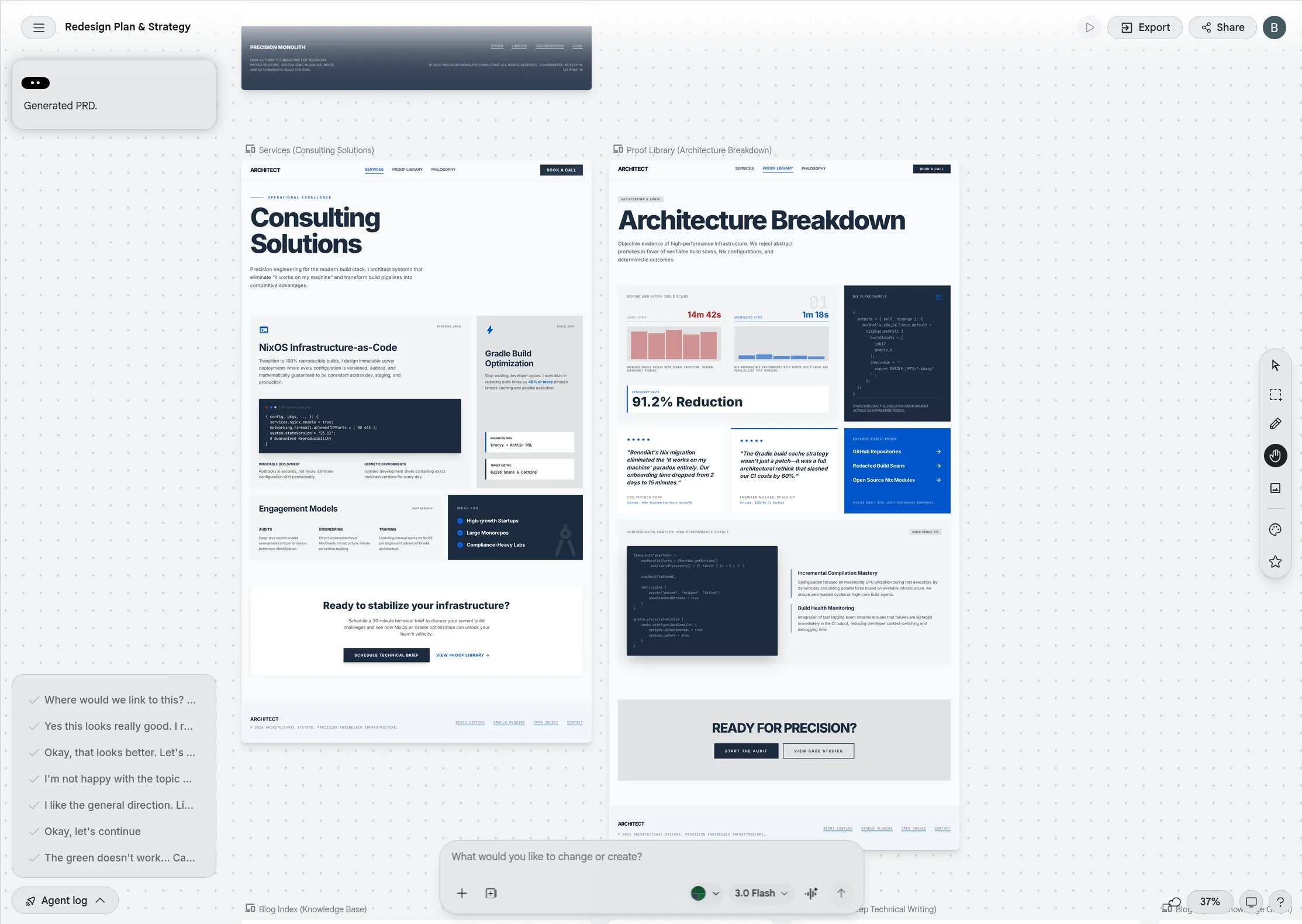 Screenshot of the Google Stitch session showing one of earlier iterations of the new webiste design
